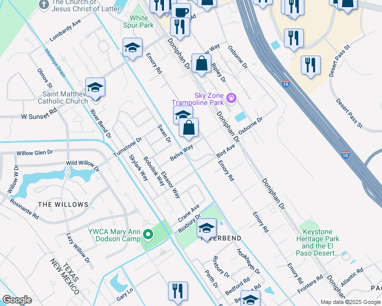 map of restaurants, bars, coffee shops, grocery stores, and more near 4527 Cordero Way in El Paso