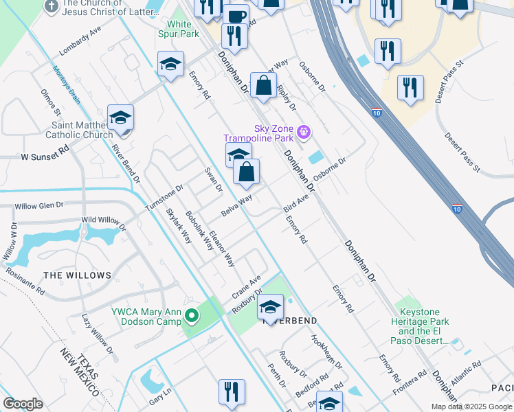 map of restaurants, bars, coffee shops, grocery stores, and more near 4527 Cordero Way in El Paso