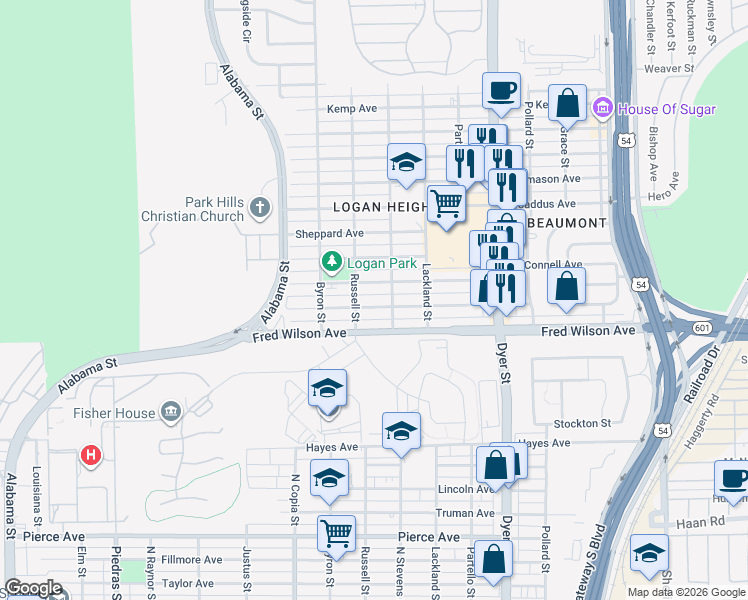map of restaurants, bars, coffee shops, grocery stores, and more near 3623 Keltner Avenue in El Paso