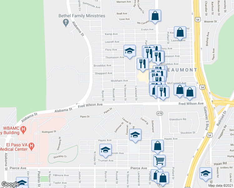 map of restaurants, bars, coffee shops, grocery stores, and more near 3623 Keltner Avenue in El Paso