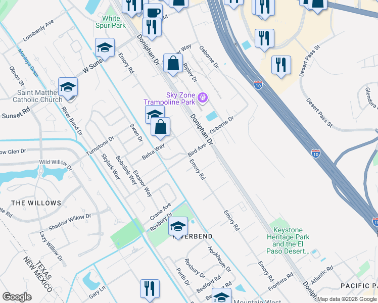 map of restaurants, bars, coffee shops, grocery stores, and more near 4500 Emory Road in El Paso