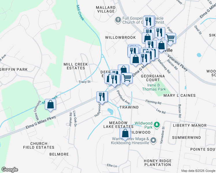 map of restaurants, bars, coffee shops, grocery stores, and more near 913 Pipkin Road in Hinesville