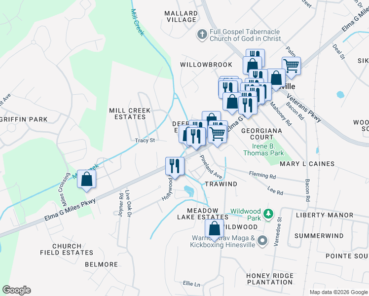 map of restaurants, bars, coffee shops, grocery stores, and more near 913 Pipkin Road in Hinesville