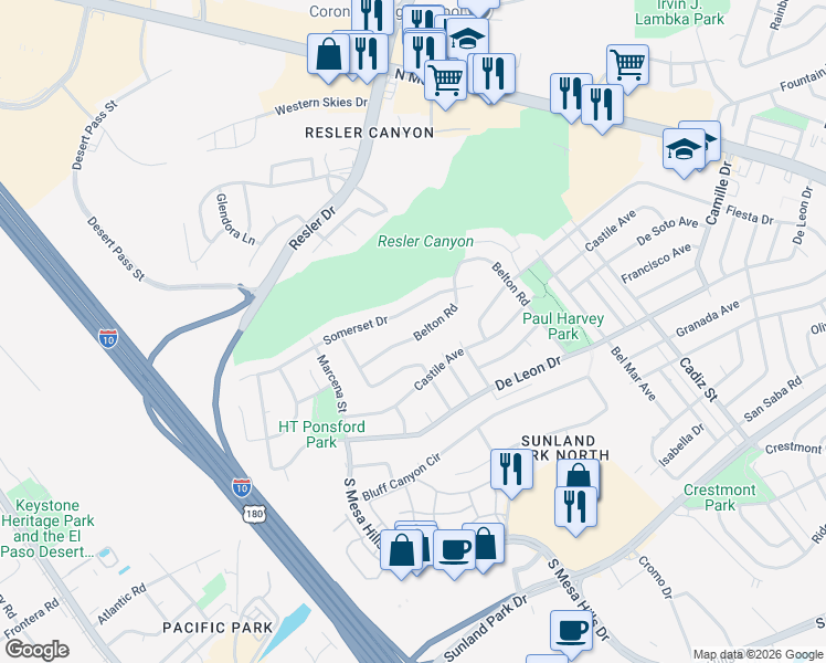 map of restaurants, bars, coffee shops, grocery stores, and more near 6426 Belton Road in El Paso