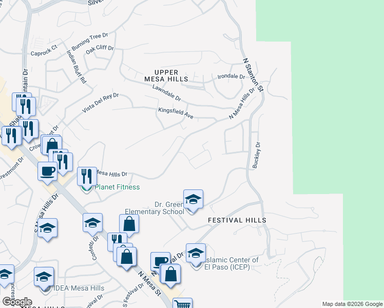 map of restaurants, bars, coffee shops, grocery stores, and more near 369 Silver Star Drive in El Paso