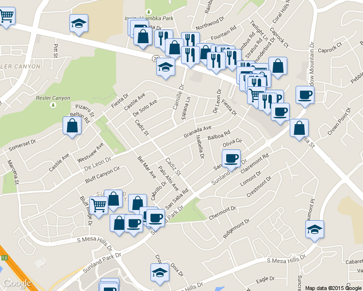 map of restaurants, bars, coffee shops, grocery stores, and more near 412 Balboa Road in El Paso