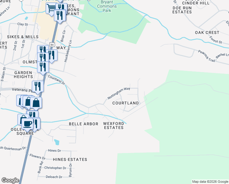 map of restaurants, bars, coffee shops, grocery stores, and more near 314 Nottingham Way in Hinesville