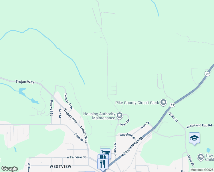 map of restaurants, bars, coffee shops, grocery stores, and more near 512 North Knox Street in Troy