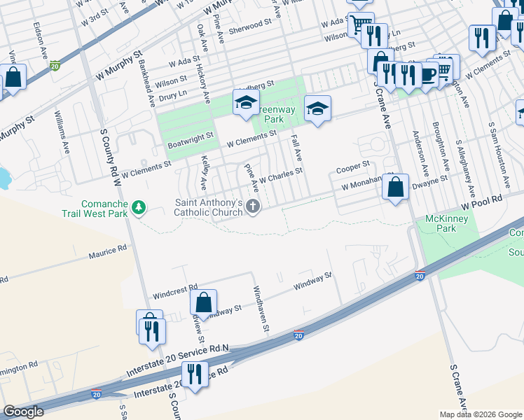map of restaurants, bars, coffee shops, grocery stores, and more near 1195 West Monahans Street in Odessa