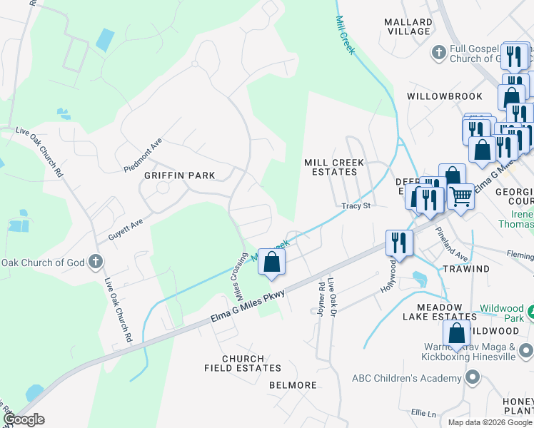 map of restaurants, bars, coffee shops, grocery stores, and more near 122 Brasher Drive in Hinesville
