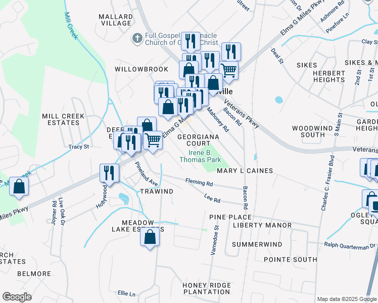 map of restaurants, bars, coffee shops, grocery stores, and more near 738 Strickland Road in Hinesville