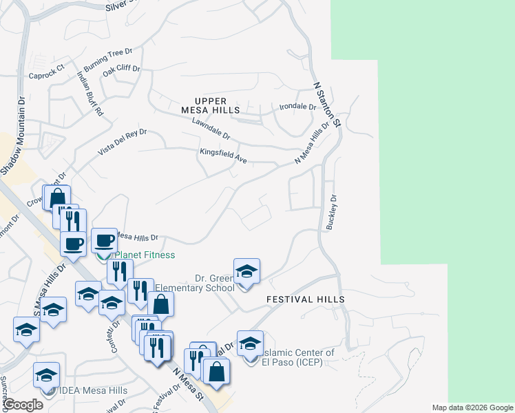 map of restaurants, bars, coffee shops, grocery stores, and more near 369 Silver Star Drive in El Paso