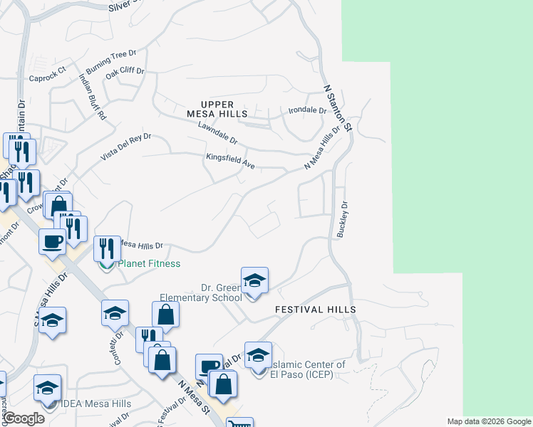 map of restaurants, bars, coffee shops, grocery stores, and more near 369 Silver Star Drive in El Paso