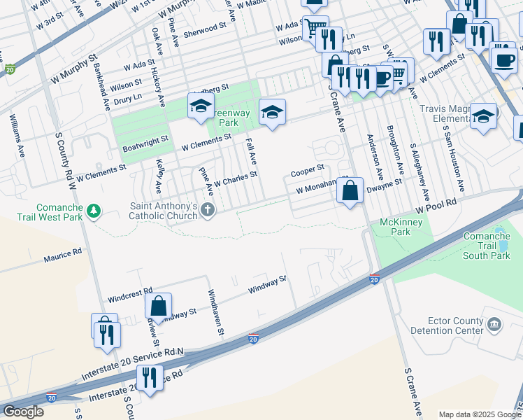 map of restaurants, bars, coffee shops, grocery stores, and more near 1201 West Monahans Street in Odessa