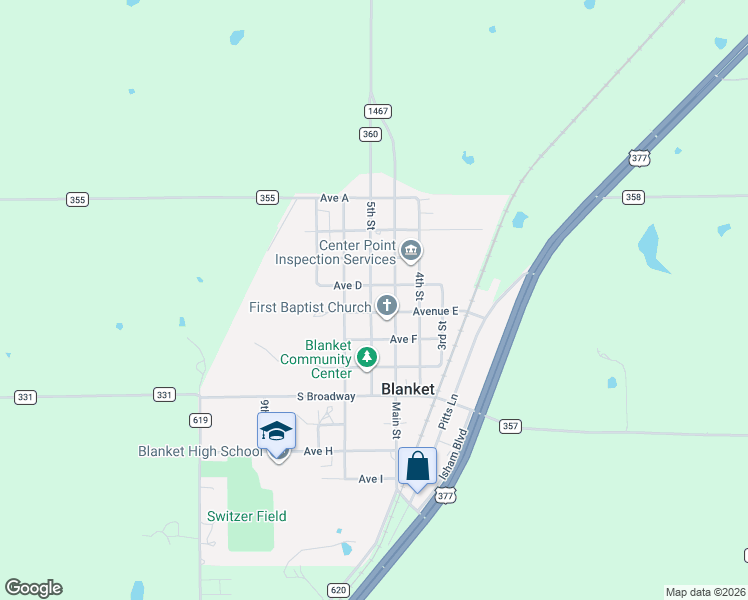 map of restaurants, bars, coffee shops, grocery stores, and more near 502 Avenue East in Blanket