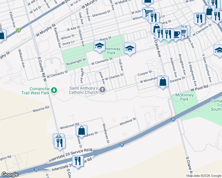 map of restaurants, bars, coffee shops, grocery stores, and more near 1195-1235 W Monahans St in Odessa