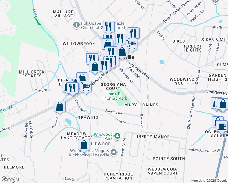 map of restaurants, bars, coffee shops, grocery stores, and more near 700 Sharon Street in Hinesville