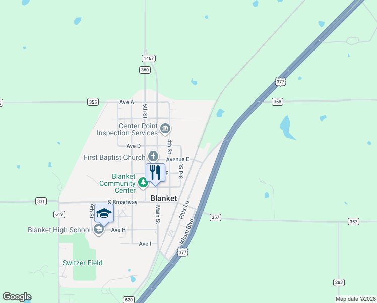 map of restaurants, bars, coffee shops, grocery stores, and more near 500 3rd Street in Blanket