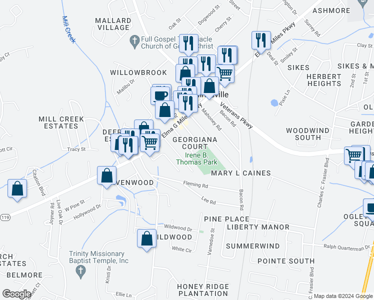 map of restaurants, bars, coffee shops, grocery stores, and more near 711 Elaine Street in Hinesville