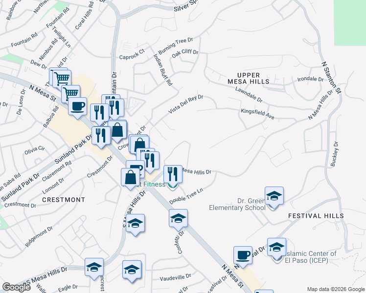 map of restaurants, bars, coffee shops, grocery stores, and more near 5848 Acacia Circle in El Paso