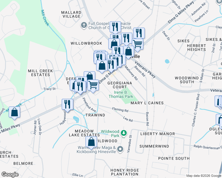 map of restaurants, bars, coffee shops, grocery stores, and more near 738 Strickland Road in Hinesville