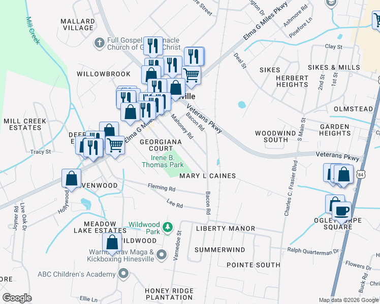 map of restaurants, bars, coffee shops, grocery stores, and more near 654 McDowell Road in Hinesville
