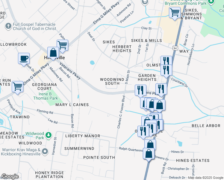 map of restaurants, bars, coffee shops, grocery stores, and more near 727 South Main Street Extension in Hinesville