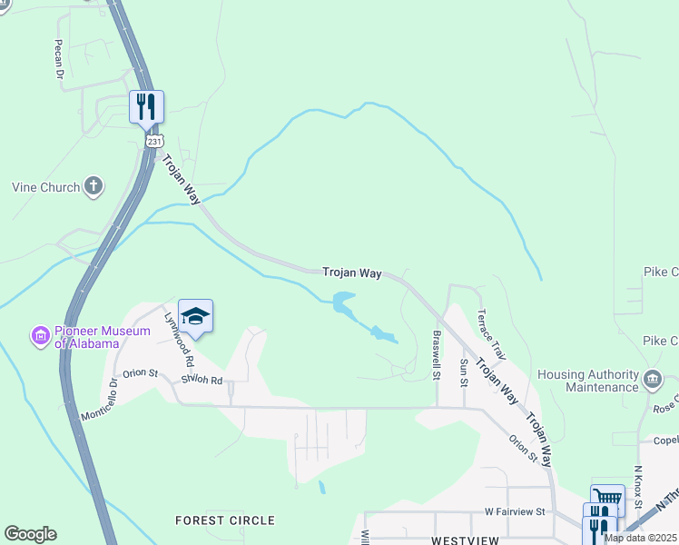 map of restaurants, bars, coffee shops, grocery stores, and more near 502 Trojan Way in Troy