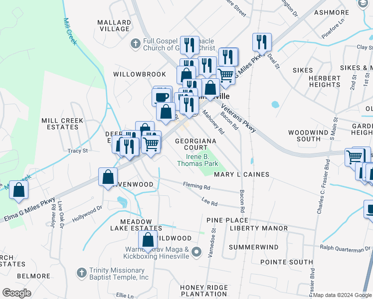 map of restaurants, bars, coffee shops, grocery stores, and more near 719 Elaine Street in Hinesville