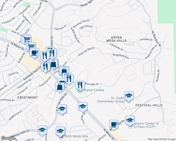 map of restaurants, bars, coffee shops, grocery stores, and more near 5861 Acacia Circle in El Paso