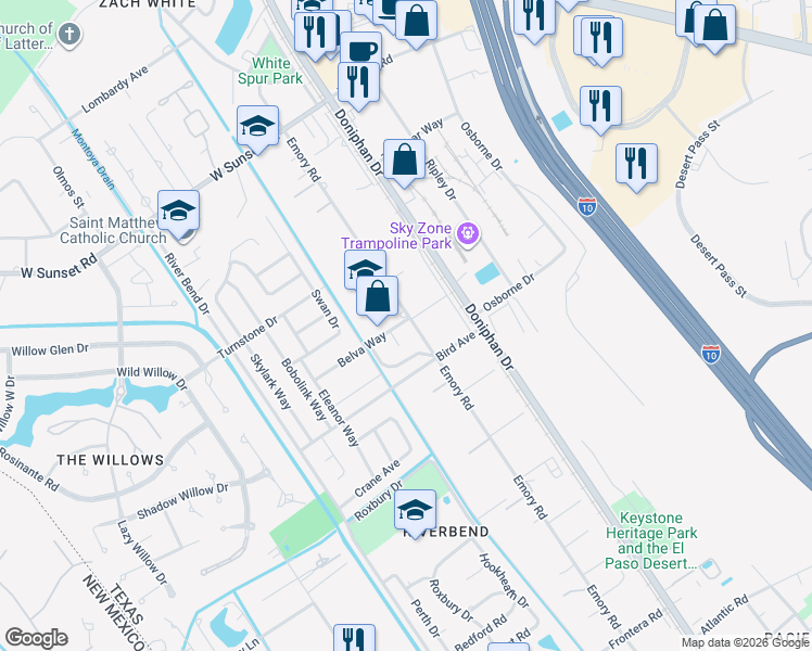 map of restaurants, bars, coffee shops, grocery stores, and more near 4527 Cordero Way in El Paso