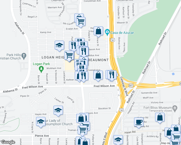 map of restaurants, bars, coffee shops, grocery stores, and more near 5520 Pollard Street in El Paso