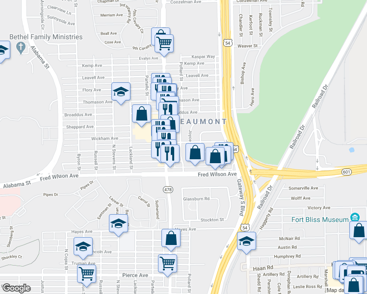 map of restaurants, bars, coffee shops, grocery stores, and more near 5545 Joyce Circle in El Paso