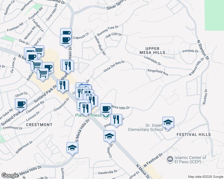 map of restaurants, bars, coffee shops, grocery stores, and more near 5849-5861 Acacia Circle in El Paso