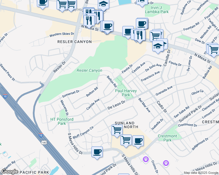 map of restaurants, bars, coffee shops, grocery stores, and more near 612 Somerset Drive in El Paso