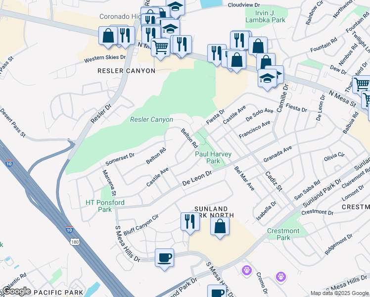 map of restaurants, bars, coffee shops, grocery stores, and more near 612 Somerset Drive in El Paso