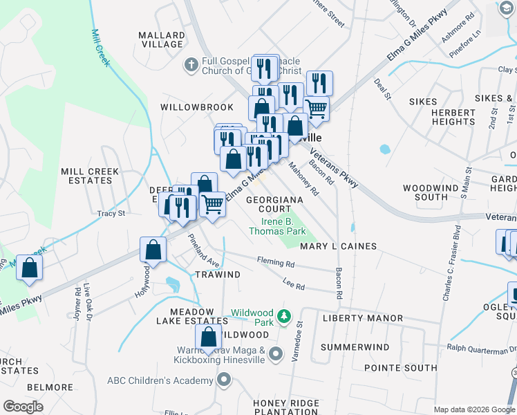 map of restaurants, bars, coffee shops, grocery stores, and more near 735 Elaine Street in Hinesville