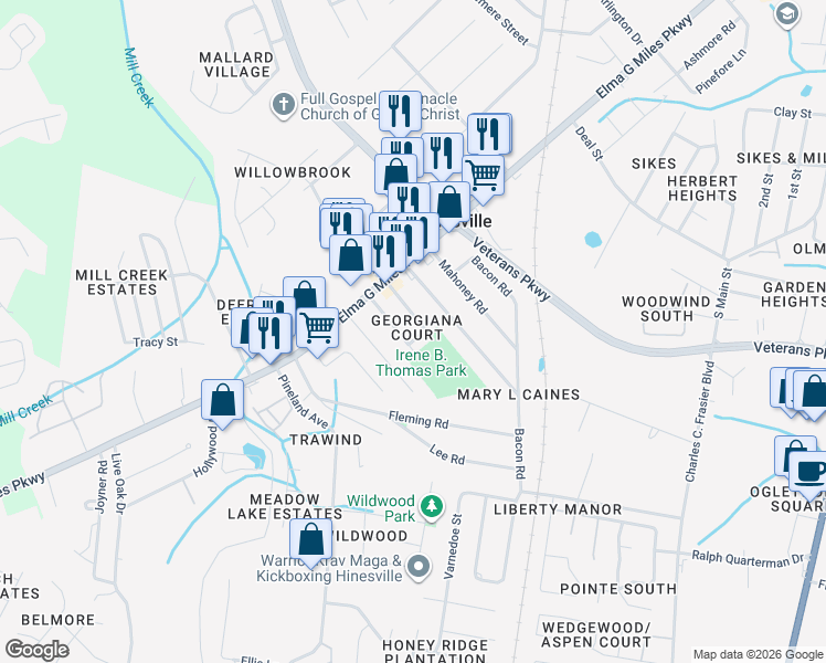 map of restaurants, bars, coffee shops, grocery stores, and more near 679 McDowell Road in Hinesville