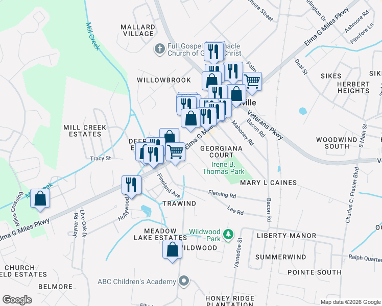map of restaurants, bars, coffee shops, grocery stores, and more near 838 Elma G Miles Parkway in Hinesville