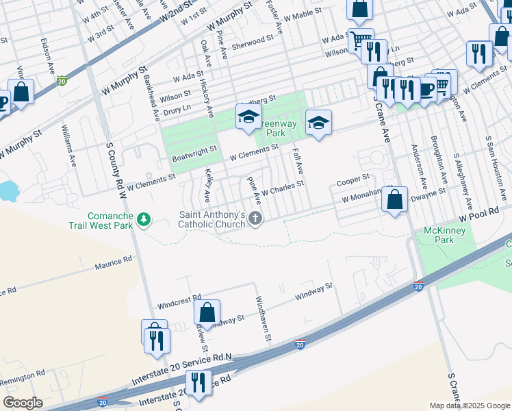 map of restaurants, bars, coffee shops, grocery stores, and more near 1301-1399 West Charles Street in Odessa