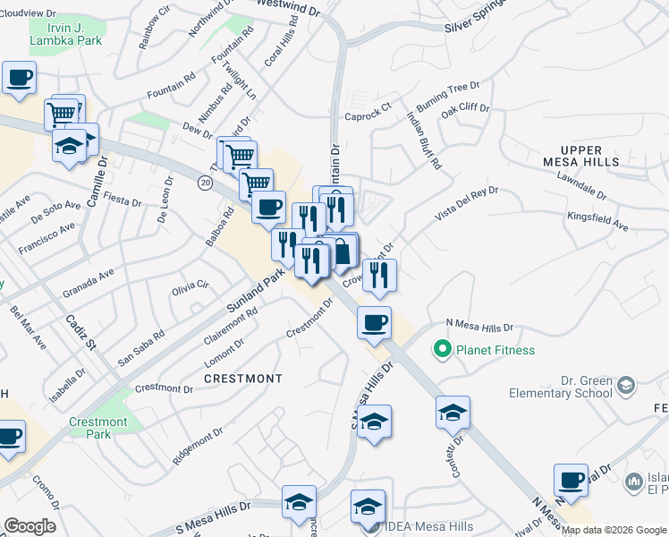 map of restaurants, bars, coffee shops, grocery stores, and more near 129 Puma Circle in El Paso