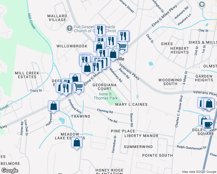 map of restaurants, bars, coffee shops, grocery stores, and more near 700 Sharon Street in Hinesville