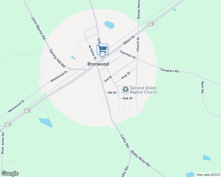 map of restaurants, bars, coffee shops, grocery stores, and more near 188 South Geise Street in Bronwood