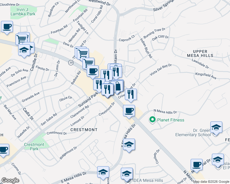 map of restaurants, bars, coffee shops, grocery stores, and more near 129 Puma Circle in El Paso
