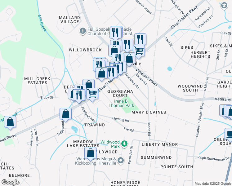 map of restaurants, bars, coffee shops, grocery stores, and more near 724 Elaine Street in Hinesville