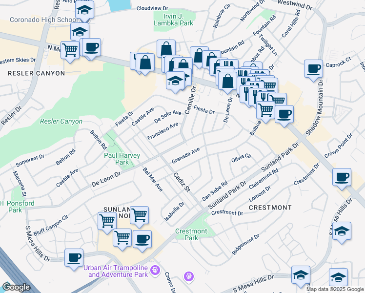 map of restaurants, bars, coffee shops, grocery stores, and more near 317 De Leon Drive in El Paso