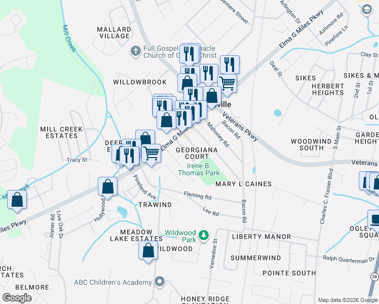 map of restaurants, bars, coffee shops, grocery stores, and more near 752 Elaine Street in Hinesville