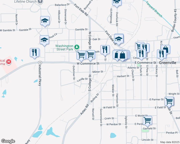 map of restaurants, bars, coffee shops, grocery stores, and more near 617 Milner Street in Greenville