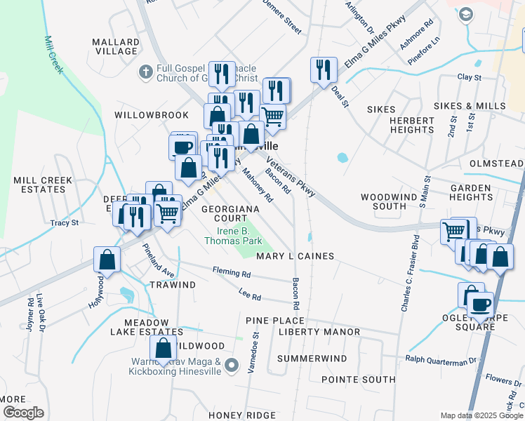 map of restaurants, bars, coffee shops, grocery stores, and more near 655 Mahoney Road in Hinesville