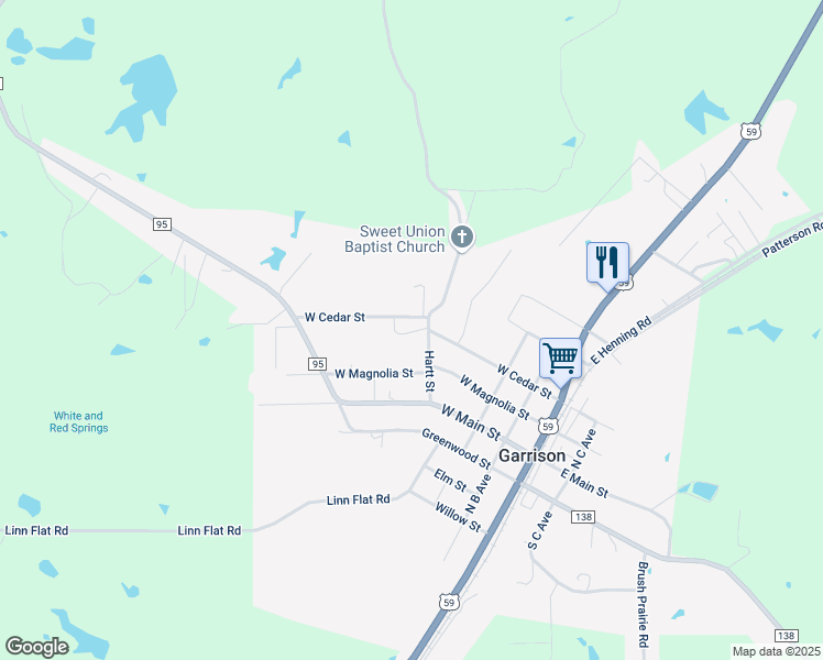 map of restaurants, bars, coffee shops, grocery stores, and more near 511 West Cedar Street in Garrison